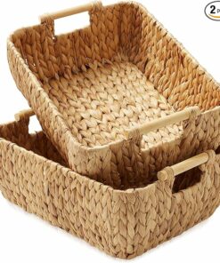 Water Hyacinth Oval Storage Baskets With Wooden Handles FU10