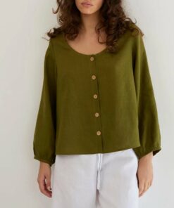 Green Olive Linen Button Up Blouse FU4