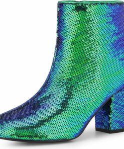 Green Block Heels Sequin Ankle Boots FU79