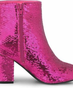 Pinky Block Heels Sequin Ankle Boots FU80